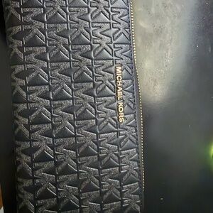 Michael Kors Black Embossed Logo Zip Wallet with Gold Hardware